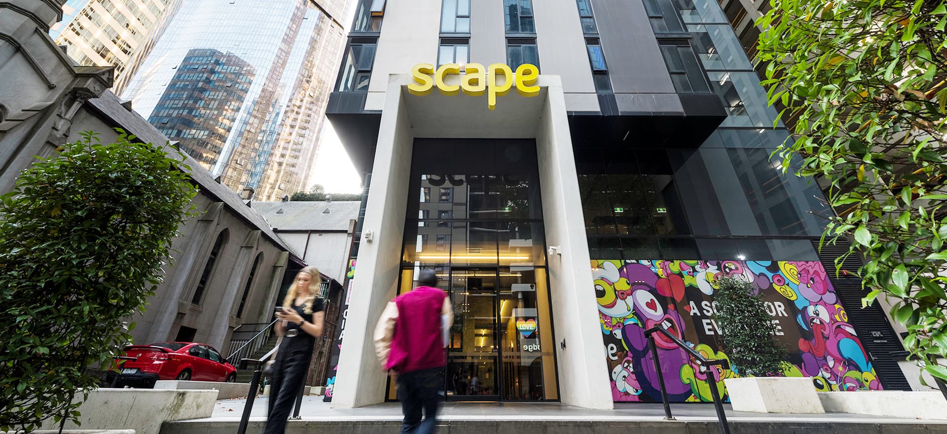 Scape Melbourne Central student accommodation in Melbourne city centre with modern exterior and mural art